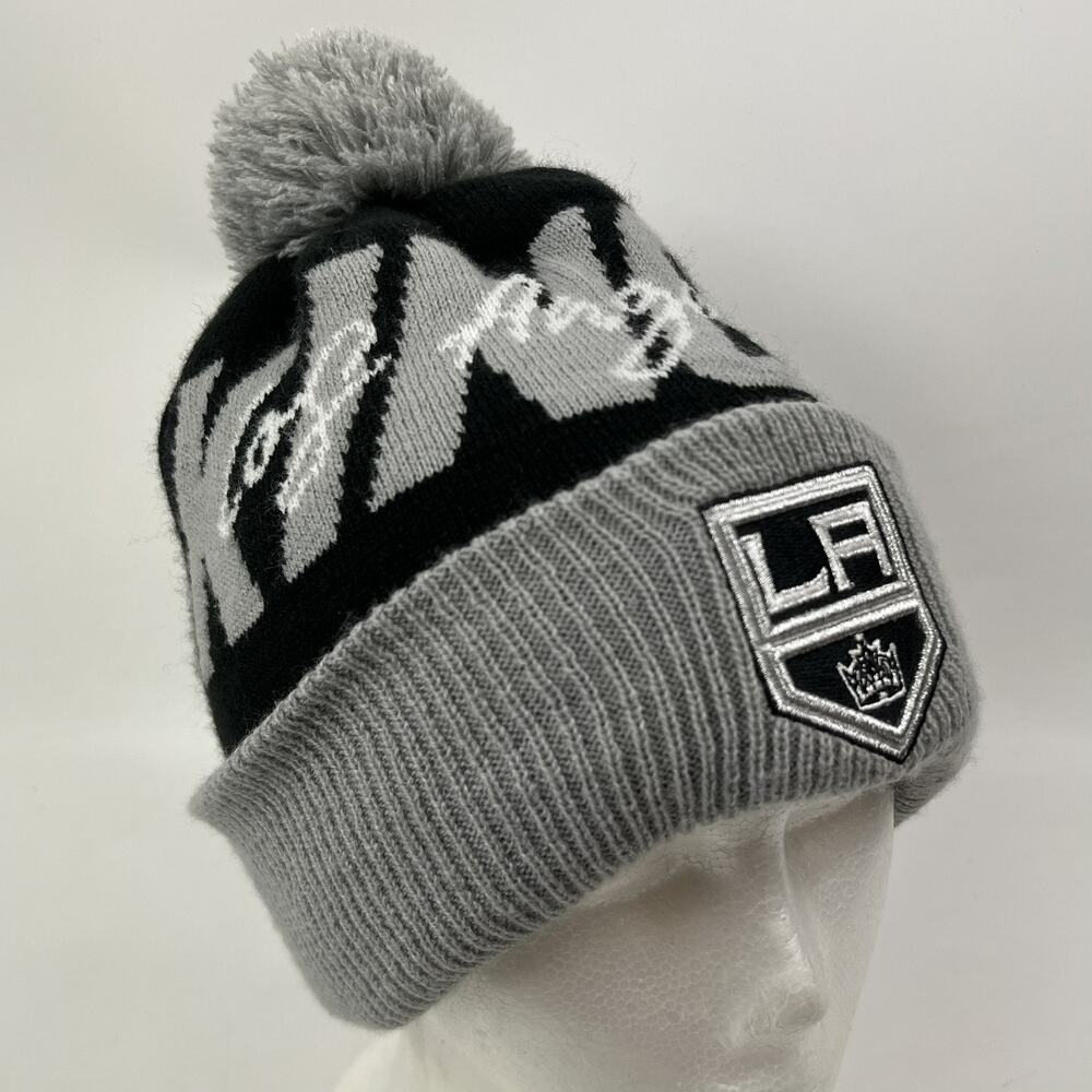 New Era LA Kings Pom Beanie Knit Hat NHL Hockey Cuffed Black Gray One Size